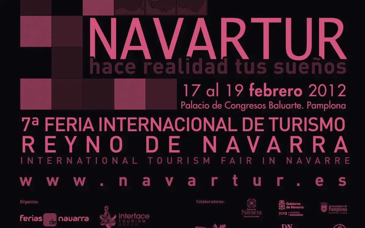 Cartel de la feria de turismo Navartur 2012 en tonos frambuesa sobre fondo oscuro